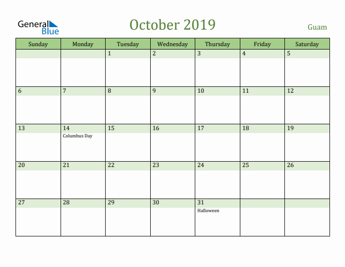 October 2019 Calendar with Guam Holidays