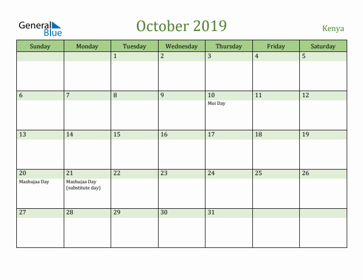 October 2019 Calendar with Kenya Holidays