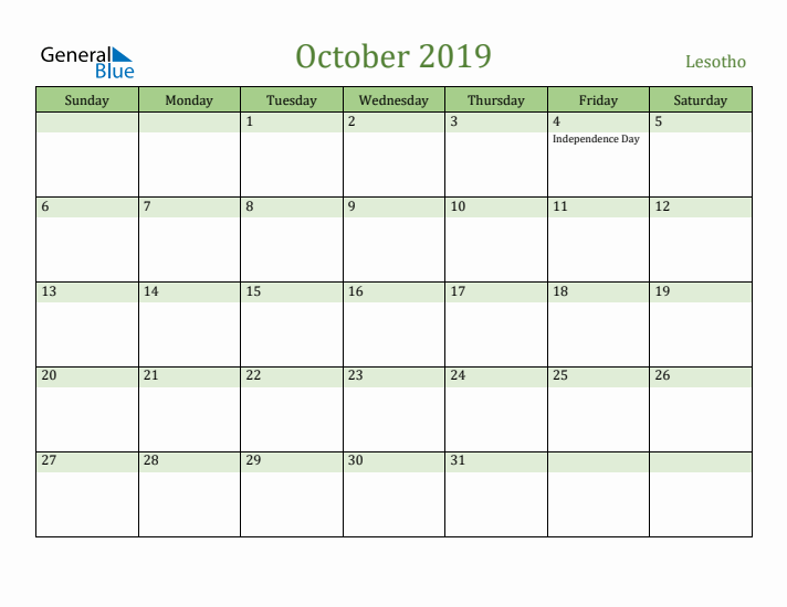 October 2019 Calendar with Lesotho Holidays