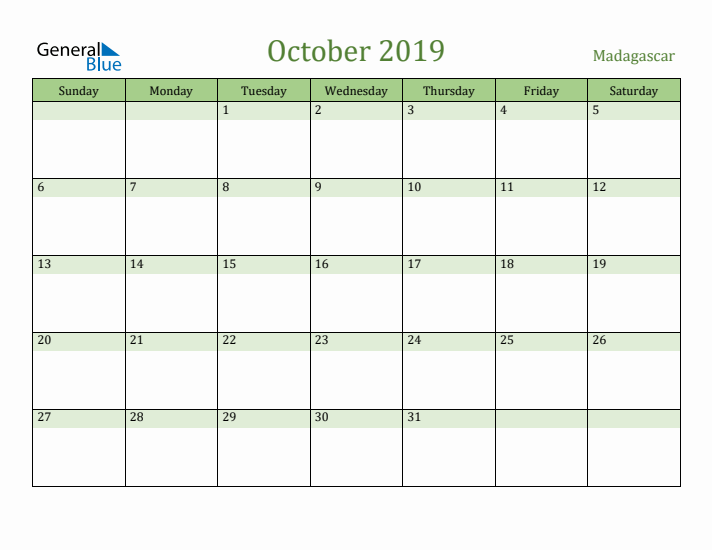 October 2019 Calendar with Madagascar Holidays