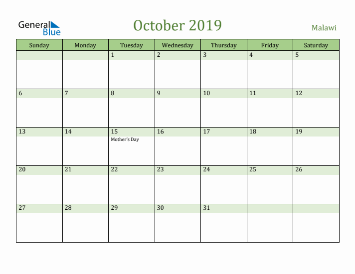 October 2019 Calendar with Malawi Holidays