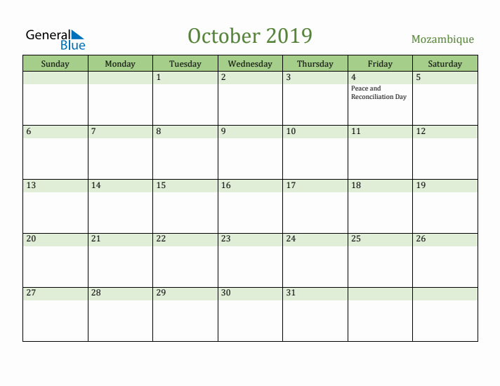 October 2019 Calendar with Mozambique Holidays