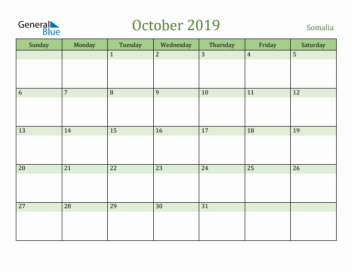 October 2019 Calendar with Somalia Holidays