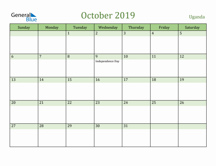 October 2019 Calendar with Uganda Holidays