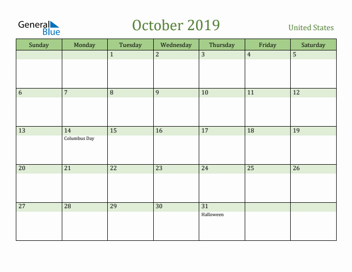 October 2019 Calendar with United States Holidays