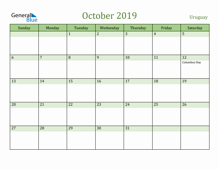 October 2019 Calendar with Uruguay Holidays