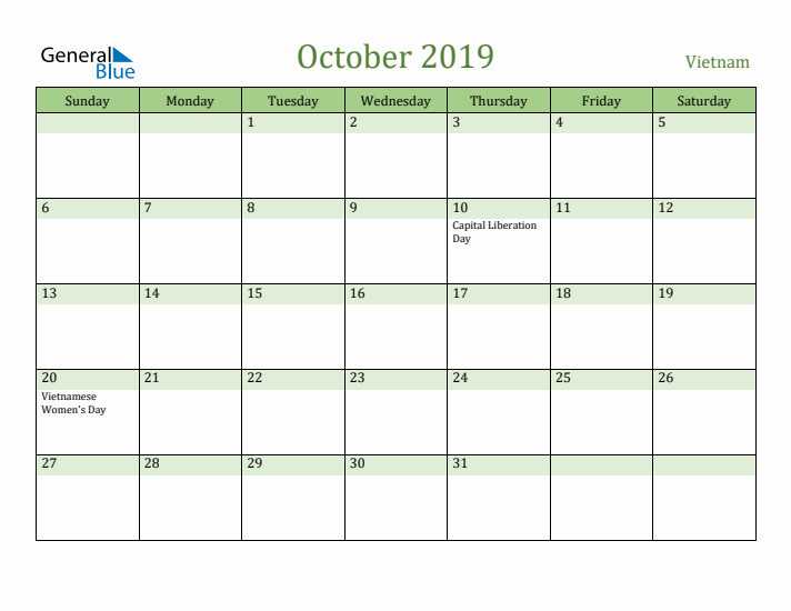 October 2019 Calendar with Vietnam Holidays