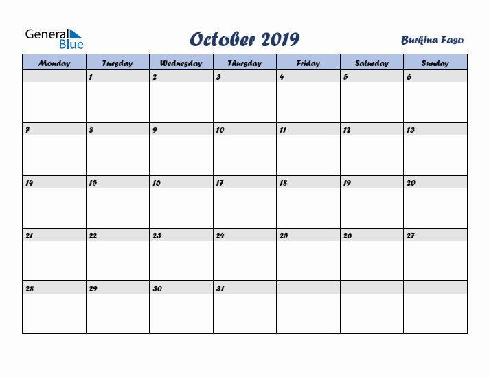 October 2019 Calendar with Holidays in Burkina Faso