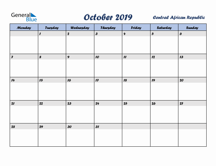 October 2019 Calendar with Holidays in Central African Republic