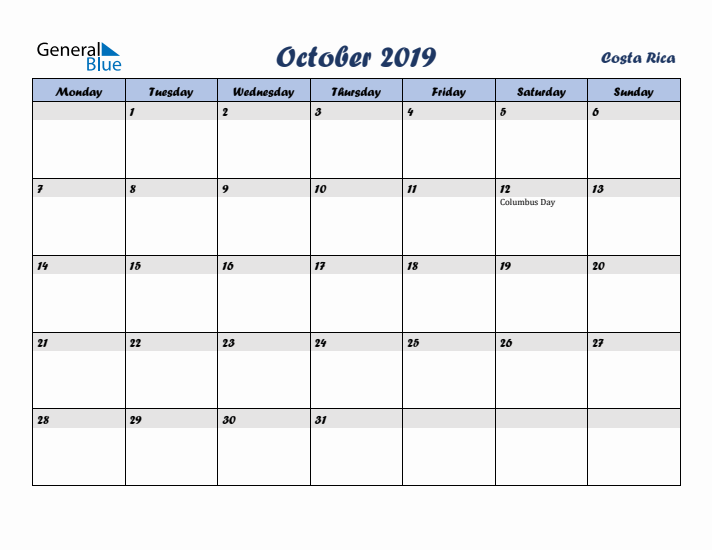 October 2019 Calendar with Holidays in Costa Rica