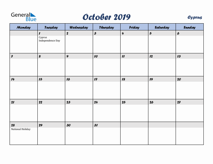 October 2019 Calendar with Holidays in Cyprus