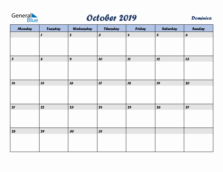 October 2019 Calendar with Holidays in Dominica