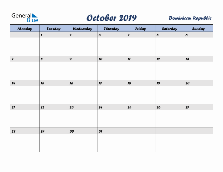 October 2019 Calendar with Holidays in Dominican Republic