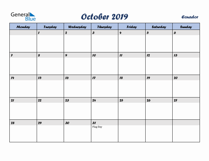 October 2019 Calendar with Holidays in Ecuador