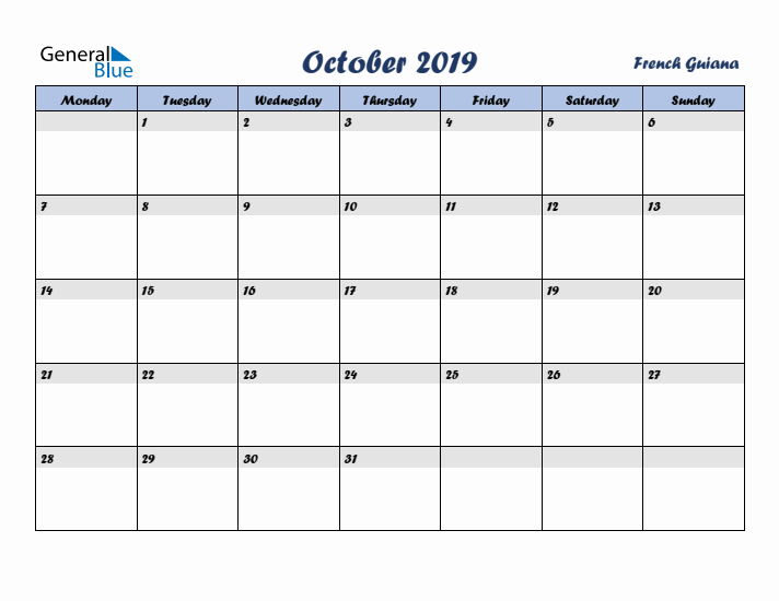 October 2019 Calendar with Holidays in French Guiana