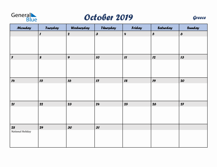 October 2019 Calendar with Holidays in Greece