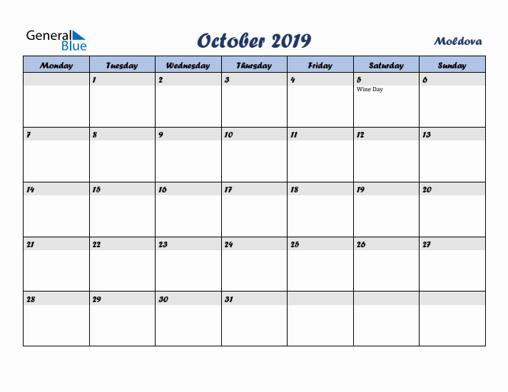 October 2019 Calendar with Holidays in Moldova