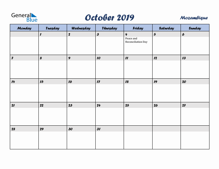 October 2019 Calendar with Holidays in Mozambique