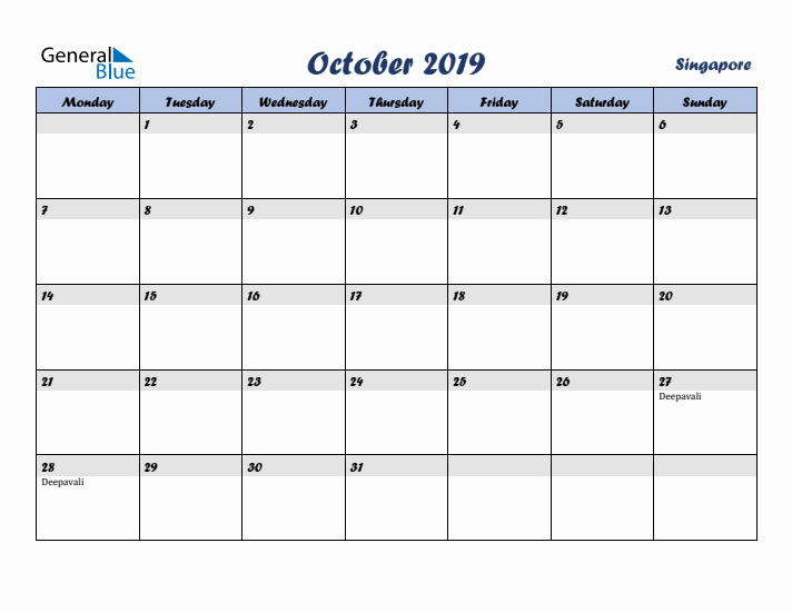 October 2019 Calendar with Holidays in Singapore