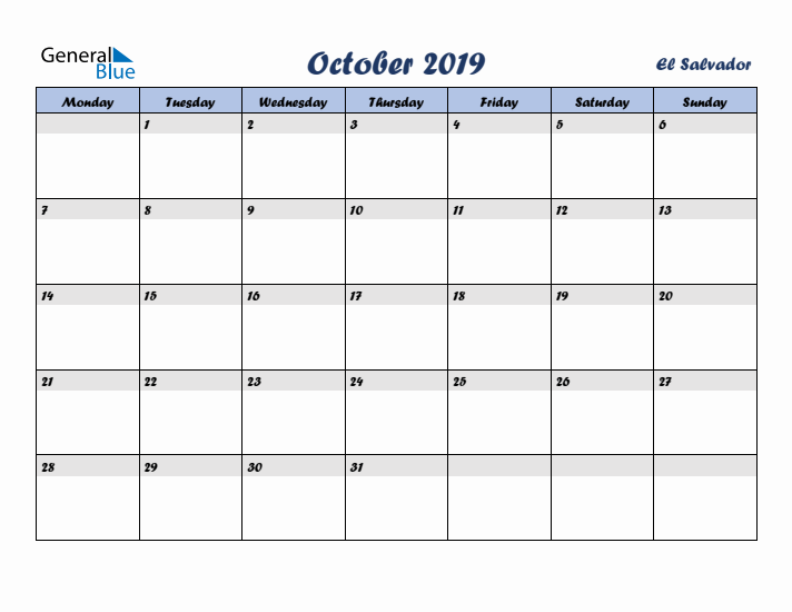 October 2019 Calendar with Holidays in El Salvador