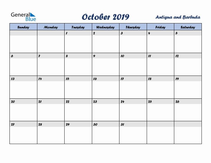 October 2019 Calendar with Holidays in Antigua and Barbuda