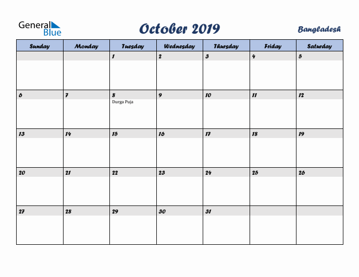 October 2019 Calendar with Holidays in Bangladesh