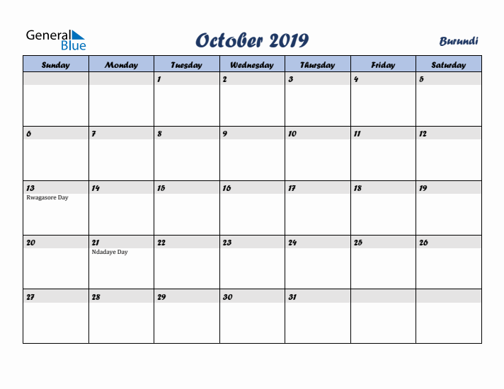 October 2019 Calendar with Holidays in Burundi