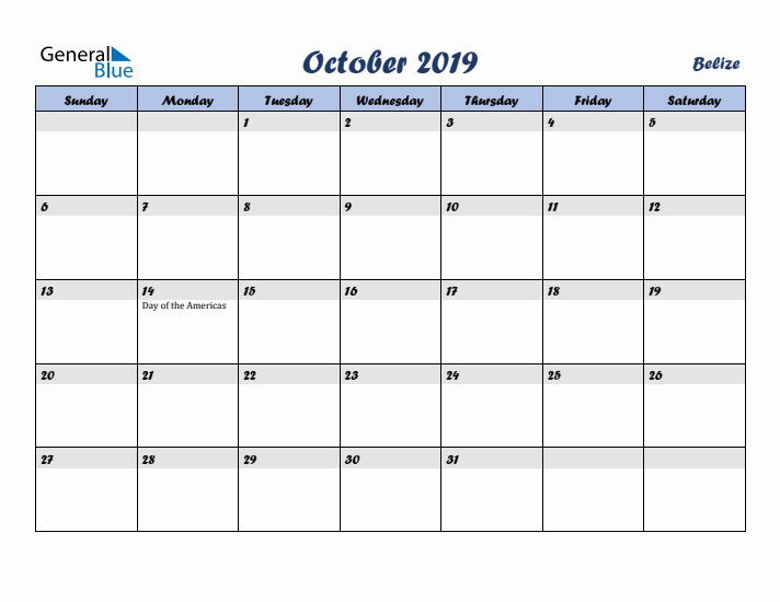 October 2019 Calendar with Holidays in Belize