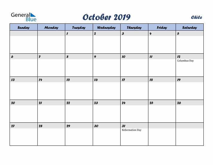 October 2019 Calendar with Holidays in Chile