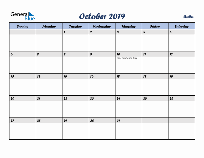 October 2019 Calendar with Holidays in Cuba