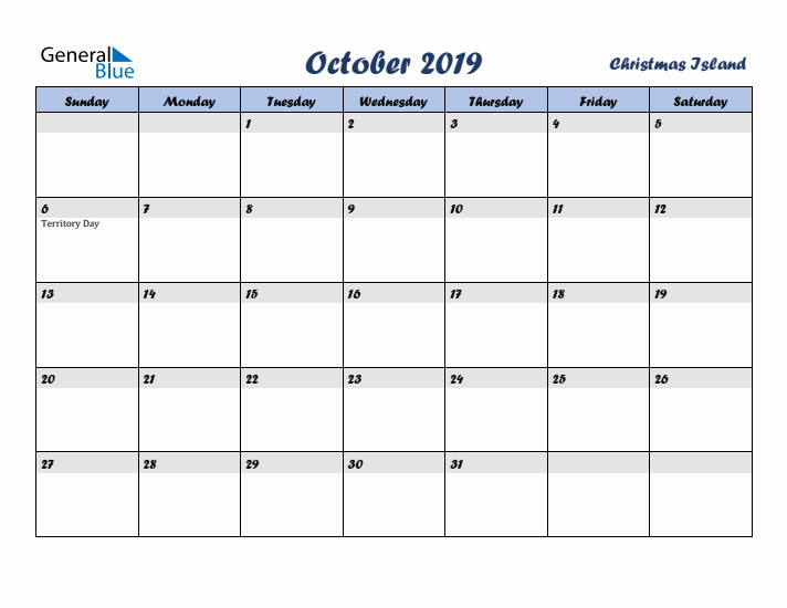 October 2019 Calendar with Holidays in Christmas Island