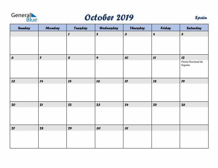 October 2019 Calendar with Holidays in Spain