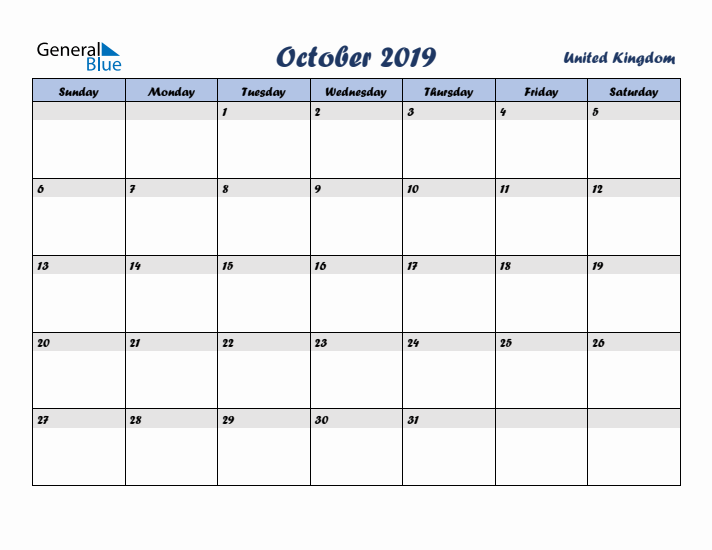 October 2019 Calendar with Holidays in United Kingdom