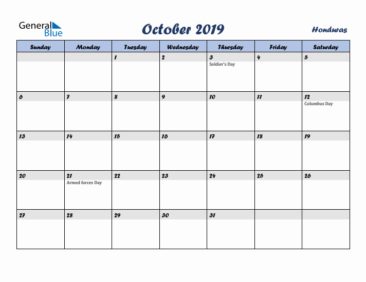 October 2019 Calendar with Holidays in Honduras