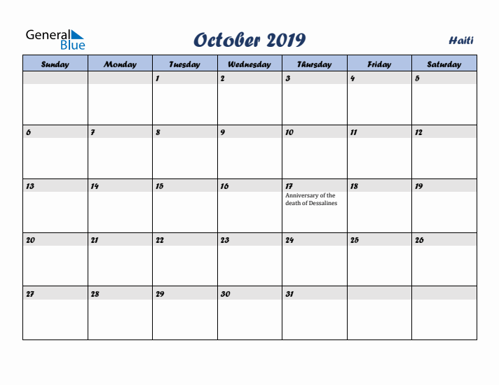 October 2019 Calendar with Holidays in Haiti