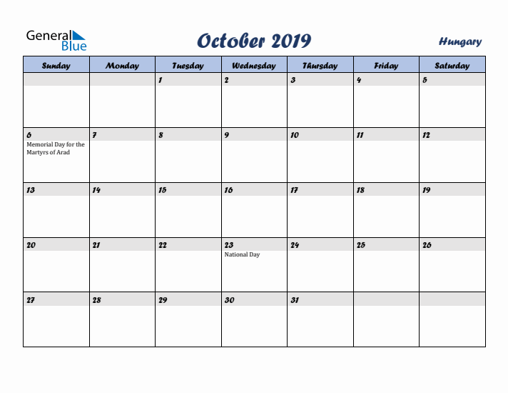 October 2019 Calendar with Holidays in Hungary