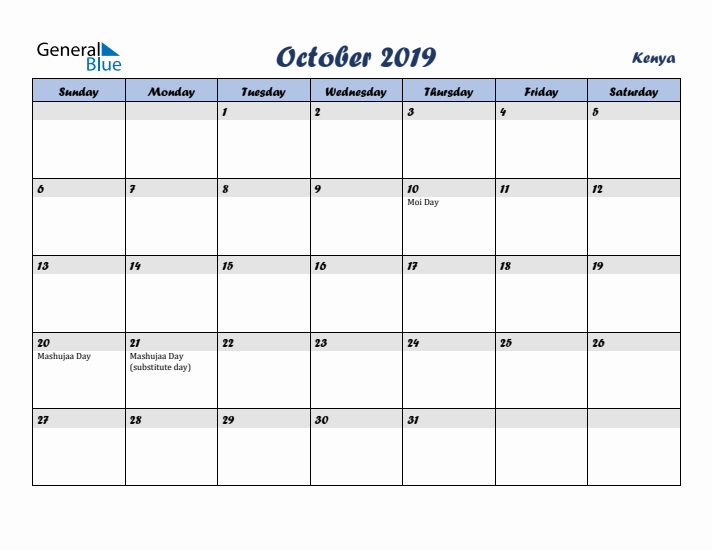 October 2019 Calendar with Holidays in Kenya