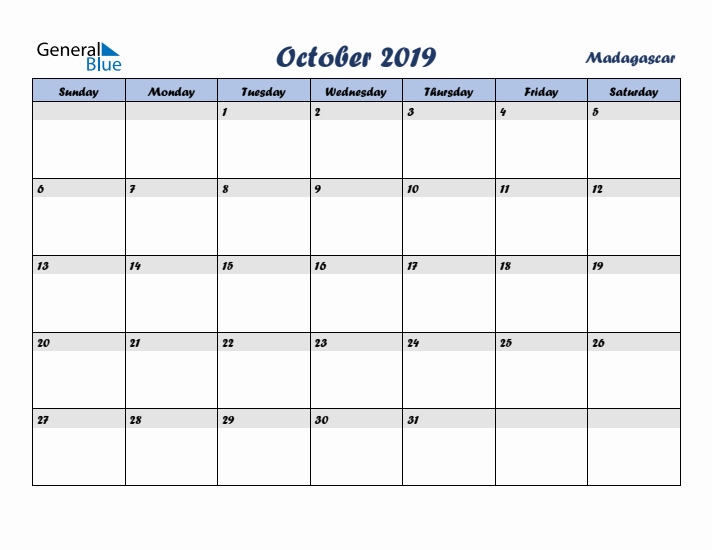 October 2019 Calendar with Holidays in Madagascar