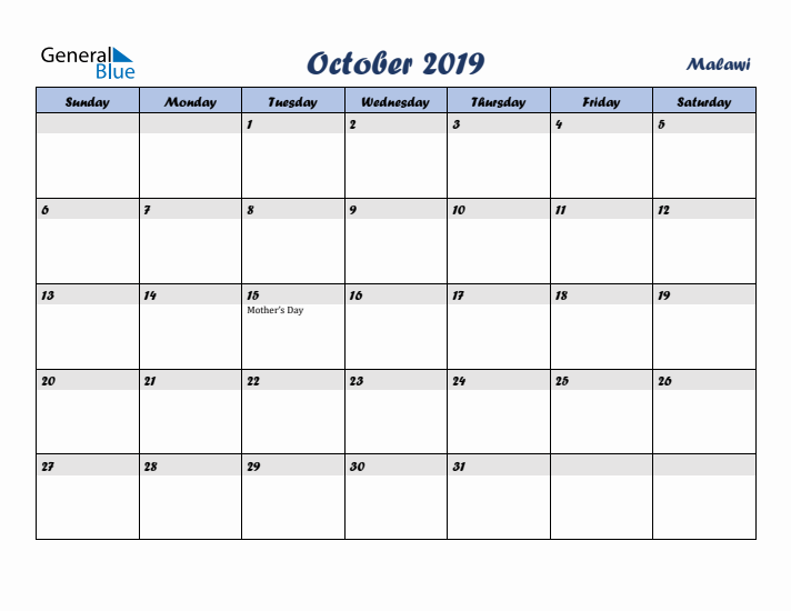 October 2019 Calendar with Holidays in Malawi