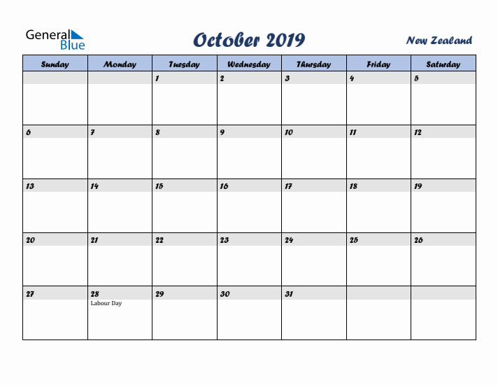 October 2019 Calendar with Holidays in New Zealand