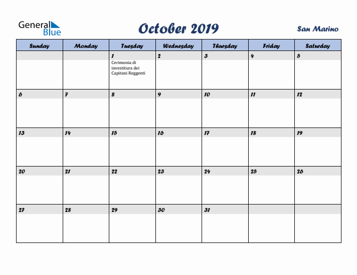 October 2019 Calendar with Holidays in San Marino