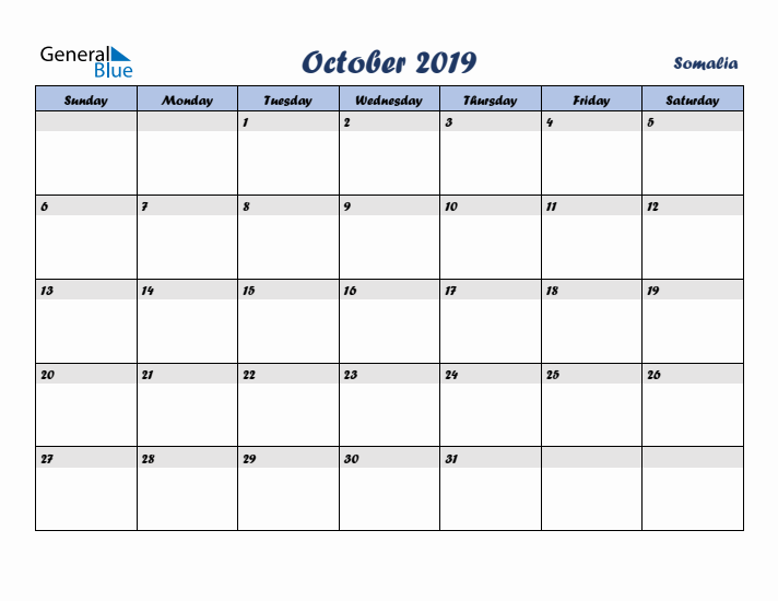 October 2019 Calendar with Holidays in Somalia