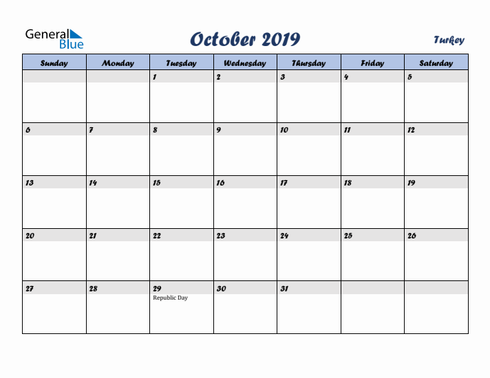 October 2019 Calendar with Holidays in Turkey