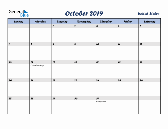 October 2019 Calendar with Holidays in United States