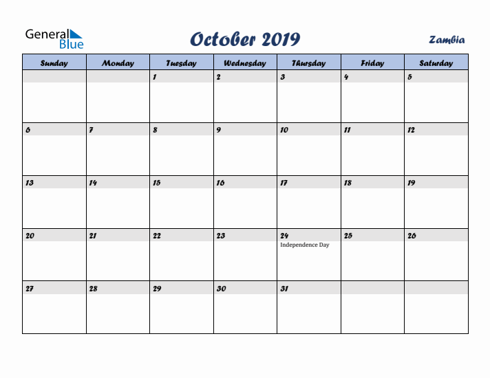 October 2019 Calendar with Holidays in Zambia