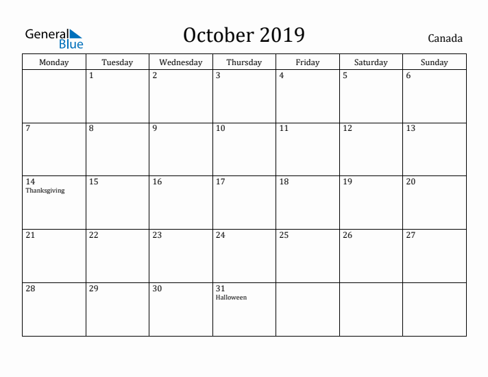 October 2019 Calendar Canada