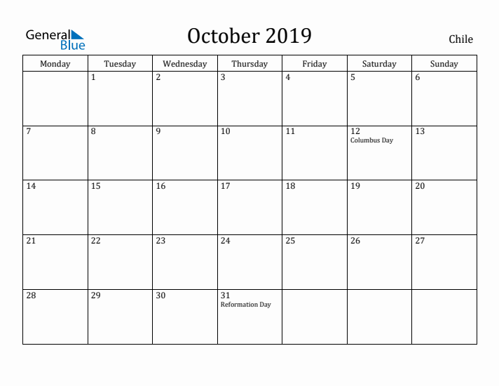 October 2019 Calendar Chile