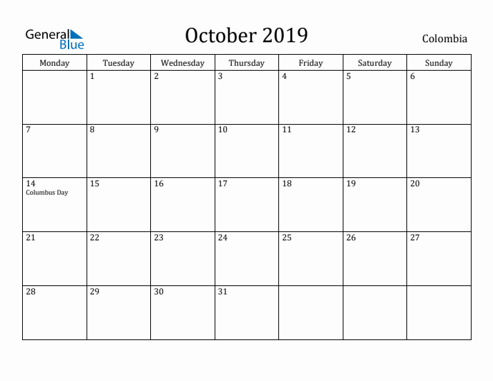 October 2019 Calendar Colombia