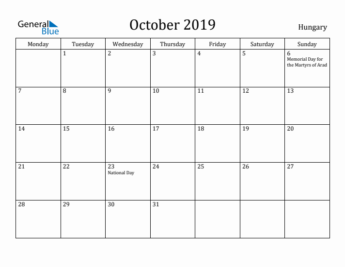 October 2019 Calendar Hungary