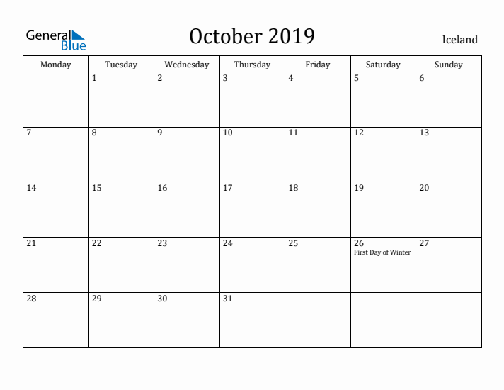 October 2019 Calendar Iceland